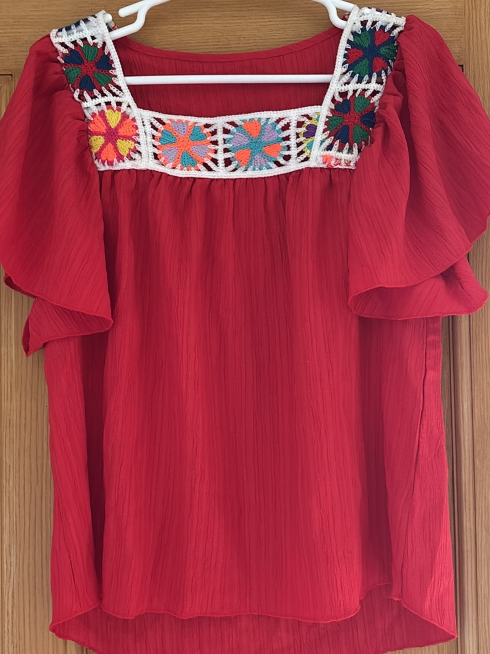 Red Boho Crochet-Trim Women’s Top M
